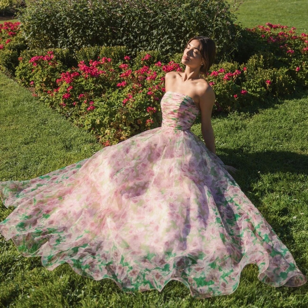 NWT Mac Duggal Pink Floral Strapless Chiffon Gown W/ Ruffle Detail $598 Size 14 - Picture 16 of 16